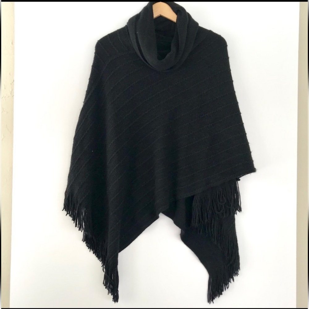 BCBG MaxAzria Fringed Turtleneck Poncho Cape